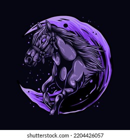 Vector Artwork Colorful Horse in a Running Position With Long Hair And Curls Vintage Illustration
