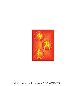 Vector artwork containing silhouettes of dancing athletes surrounded by patches with gradient effects on geometric textures. 