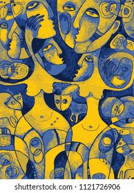 Vector artwork with dancing women in bright blue and yellow colors.
