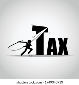 Vector artwork depicting individuals using a samurai sword to cut through the word "Tax." The image symbolizes the concept of tax reduction or elimination in a dramatic and powerful manner.