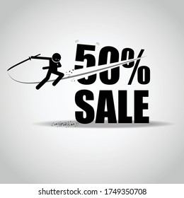 Vector artwork depicting people using a samurai sword to cut through a '50% Sale' sign, symbolizing a dramatic discount and clearance event