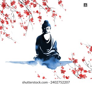 Vektorkunst, die einen ruhigen, blauen Buddha mit lebendigen roten Kirschblüten darstellt, die Spiritualität mit der Schönheit der Natur in der Farbe sumi-e kombiniert. Übersetzung von Hieroglyph - Blüte.