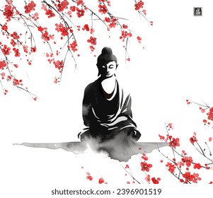 Obra vectorial que representa al Buda sereno con flores de cerezo rojo vibrante, que combina la espiritualidad con la belleza de la naturaleza en el estilo de lavado de tinta sumi-e. Traducción de jeroglífico - florecimiento.