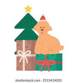 Vector artwork of a dog, Christmas tree, and gifts