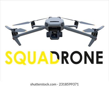 Vector Artwork Of Drone With Real Textures, Edge, Shape in White Background. Yellow and Black Text. Three Axis Gimbal, Dual Cameras. 