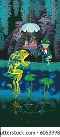 Vector artwork of a fantasy swamp, at deep night the visitor-frog has a rest in little bar, hidden in willow roots on the water.