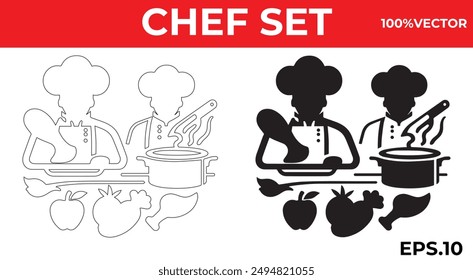 The vector artwork features a variety of mixed silhouettes of a chef man