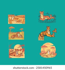  Vector artwork featuring a family of tigers lounging in the savannah during a vibrant sunset, showcasing nature's beauty and wildlife.