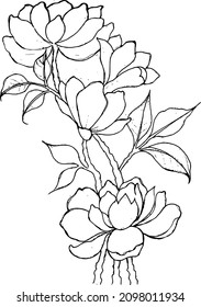 Vector artwork flowers and branches. Drawing for a children's or adult's coloring book or page.