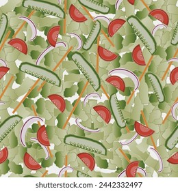 Vector artwork hand drawn salad composition seamless pattern.
Get your vitamins by looking at these carrots, tomatoes, cucumbers, onions and lettuce!
