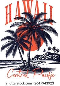 Vector artwork of a Hawaiian beach with sun, sand, and palm trees in a tropical, relaxing scene.