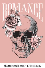 Vector Artwork with historic hand drawn Skull and Roses, Vintage grunge style