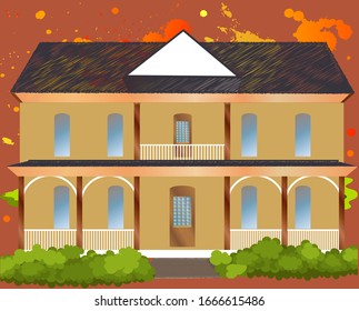 Vector artwork of a house set against a colorful backdrop with foliage.