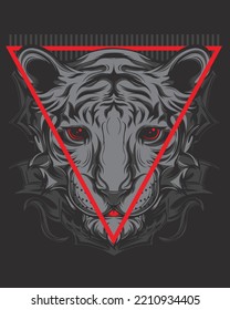 Vector artwork illustration of a very fierce white tiger head, plus a red inverted triangle symbol
