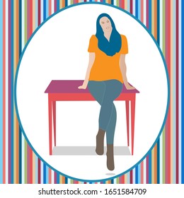 Obra vectorial de una persona sentada sobre una mesa en una posición relajada contra un fondo de varios colores a rayas.