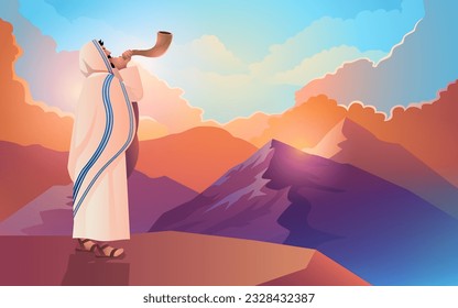 Vector artwork of a Jewish man blowing the Shofar ram's horn on a beautiful mountain and cloudscape background, for Rosh Hashanah and Yom Kippur day, vector illustration