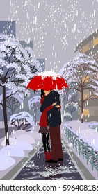 Vector artwork of kissing couple under a red umbrella, it is snowing, twilight.