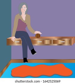 Vector artwork of lady sitting on a suspended drawer cabinet with colorful background walls and floor.