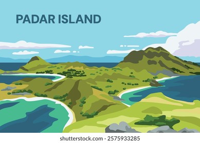 Vector artwork of Padar Island, part of Komodo National Park, a UNESCO World Heritage Site in Indonesia. Features lush green hills, beaches, and ocean views