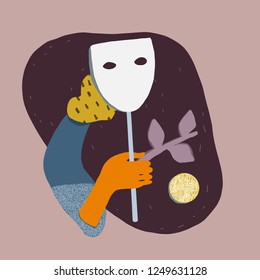 Vector artwork. Person holding mask in hand. Mask is a symbol of mystery or lies. Illustration with abstract details.