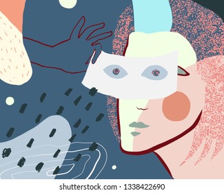 Vector Artwork. Person Holding Mask In Hand. Mask Is A Symbol Of Mystery Or Lies. Illustration With Abstract Details.