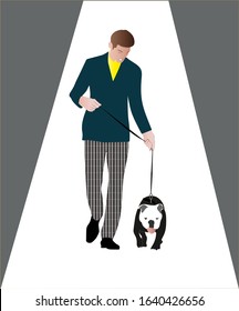 Vector artwork of a person walking a dog on leash.