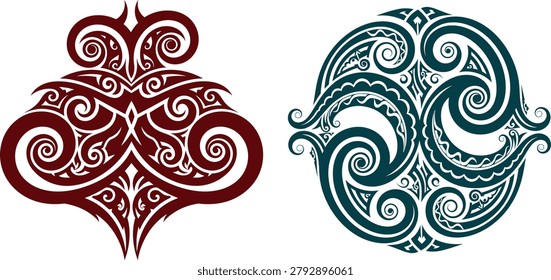 Vector artwork presenting two complex Polynesian-style ornaments with deep cultural influences. These designs are perfect for traditional crafts, tattoos, or graphic accents.
