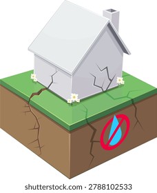 Vector artwork representing residential property damage caused by severe drought, soil dehydration, and clay shrinkage cracking the house structure, (cut out)