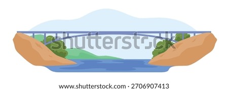 Vector artwork of a scenic bridge spanning a tranquil river, surrounded by lush greenery and gentle hills