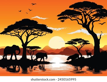 A vector artwork showcasing the beauty of African wildlife against a river sunset, meticulously created with Adobe Illustrator. Ideal for digital or T-shirt graphics, bringing nature's charm to life