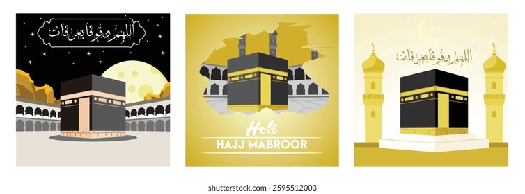 Vector artwork showcasing the Kaaba at Mecca during the Hajj pilgrimage, adorned with classical Arabic calligraphy and mosque elements in serene golden and starry night settings.