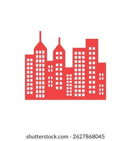 The vector artwork shows a simplified red building silhouette. This skyline features windows and rooftops against a white background, emphasizing modern urban architecture.