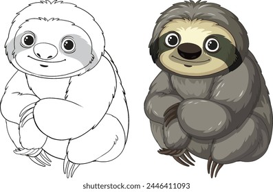 Vector artwork of a sloth in color and outline.