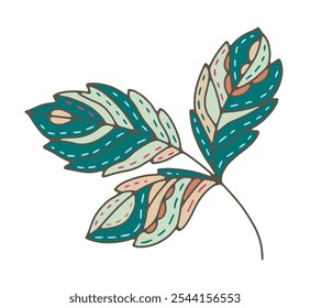 Vector artwork of a stylized branch with detailed leaves in teal and beige, isolated on a white background. Suitable for various design purposes.