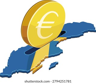 Vector artwork symbolizing European financial integration, euro zone trade partnerships, economic funding, and international commerce inside the map of Sweden, (cut out)