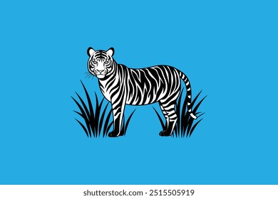 Vector artwork of a tiger hiding in tall grasses, attentively watching for prey, perfect for wildlife and nature-themed designs.