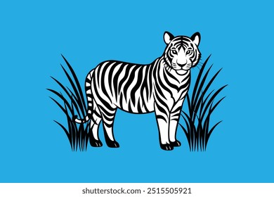 Vector artwork of a tiger hiding in tall grasses, attentively watching for prey, perfect for wildlife and nature-themed designs.