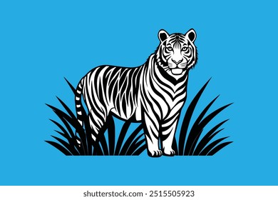 Vector artwork of a tiger hiding in tall grasses, attentively watching for prey, perfect for wildlife and nature-themed designs.