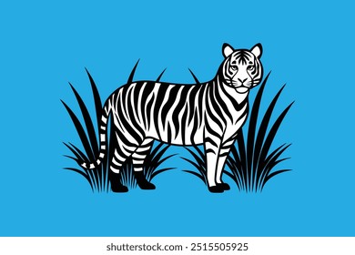 Vector artwork of a tiger hiding in tall grasses, attentively watching for prey, perfect for wildlife and nature-themed designs.