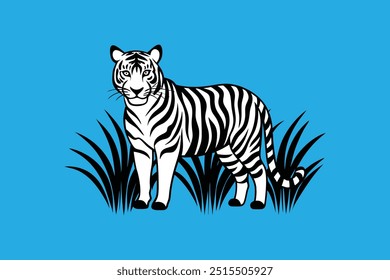 Vector artwork of a tiger hiding in tall grasses, attentively watching for prey, perfect for wildlife and nature-themed designs.