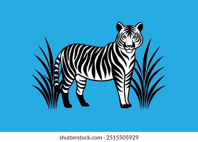 Vector artwork of a tiger hiding in tall grasses, attentively watching for prey, perfect for wildlife and nature-themed designs.