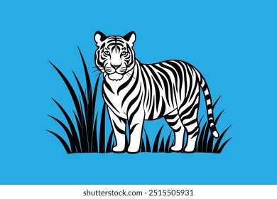 Vector artwork of a tiger hiding in tall grasses, attentively watching for prey, perfect for wildlife and nature-themed designs.