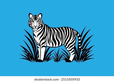 Vector artwork of a tiger hiding in tall grasses, attentively watching for prey, perfect for wildlife and nature-themed designs.