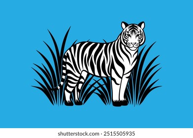 Vector artwork of a tiger hiding in tall grasses, attentively watching for prey, perfect for wildlife and nature-themed designs.