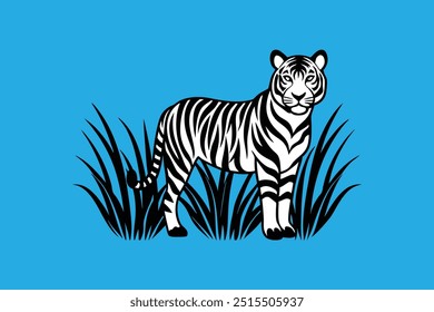 Vector artwork of a tiger hiding in tall grasses, attentively watching for prey, perfect for wildlife and nature-themed designs.