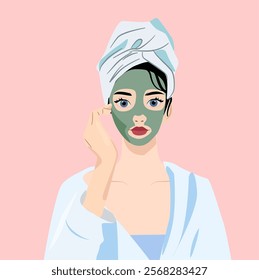 Vector artwork of a woman with a green face mask. Perfect for skincare brands, spa advertising, and wellness content. Skin care, masking and cosmetics. Vector illustration Beauty 