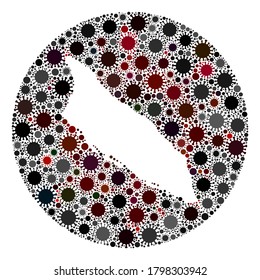 Vector Aruba Island map collage of SARS virus. Infection attacks the isolated territory from external zone. Hole circle Aruba Island map collage composed with infection icons.