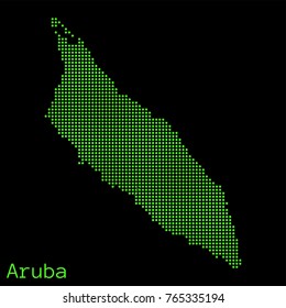 Vector Aruba map dotted silhouette with green dots on a black background (as on old ancient computers running DOS)