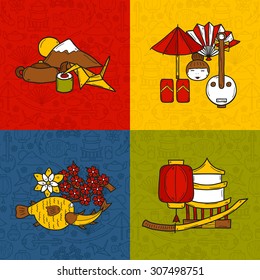 Vector Asia Japanese travel concept with objects and background in hand drawn style on Japan theme: geisha, sword, sushi, sakura, lantern, origami for your design