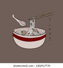 Vector Asia noodle bowl.Hand Draw Style.